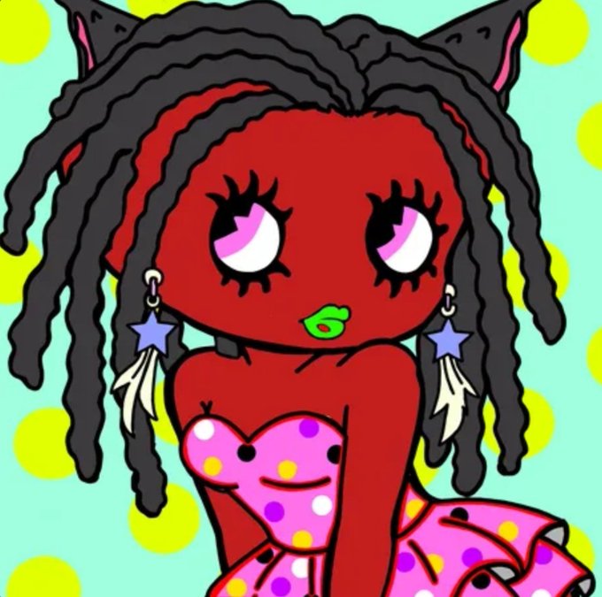 A stylized cartoon character with red skin, cat ears, dreadlocks, and bright green lips poses against a mint-green background with yellow polka dots, matching the playful "Sexy Betzy" NFT collection vibe celebrated in the post.