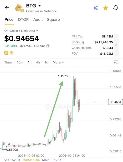 A cryptocurrency price chart from Binance for BTG (Openverse Network) showing a price of $0.94654 with a +31.48% increase, featuring a green upward arrow indicating a rise to 1.15700, with a market cap of $8.48M.