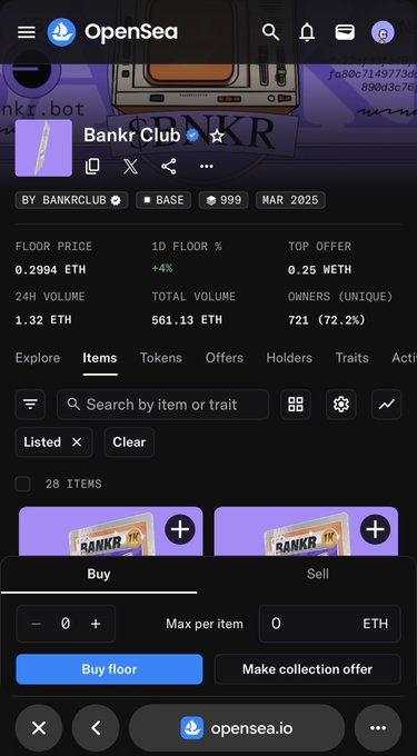 A screenshot of the OpenSea mobile app showing the 'Bankr Club' NFT collection page on the Base network, displaying a floor price of 0.2994 ETH, 1.32 ETH 24H volume, and a 'Buy floor' button.