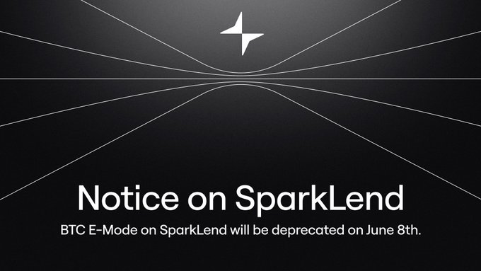 The image shows a black background with white lines, which are used to represent Bitcoin transactions. The text "Notice on SparkLend" is written above these lines, indicating that there might be an update or change related to SparkLend's Bitcoin lending platform. The text also mentions the position of the Bitcoin efficiency mode and its future status.