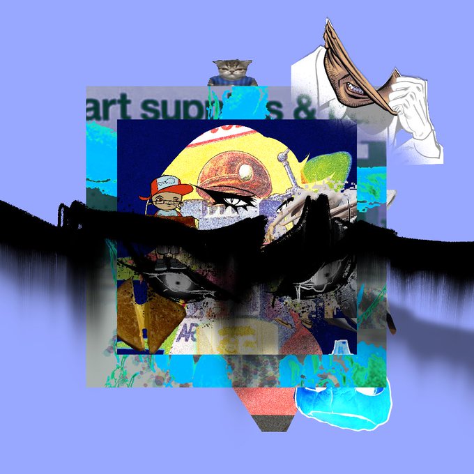 A surreal digital collage featuring a cat in a sweater, a figure in a white lab coat removing their mask, distorted anime-style faces, and abstract black brushstrokes against a light blue background with partial text reading 'art supp'.