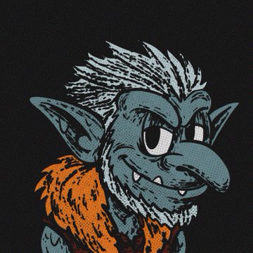 A pixel art illustration of a blue-skinned goblin or troll character with white spiky hair, pointed ears, and an orange vest against a black background.