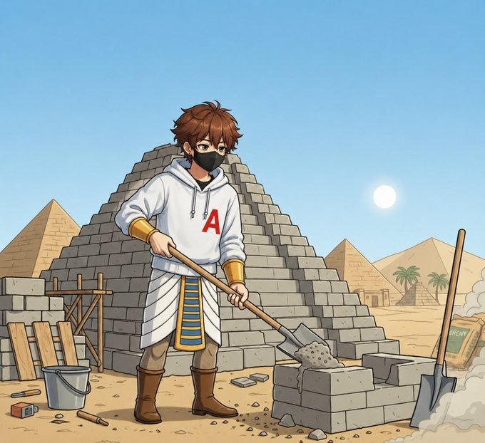 The image features a man dressed in a white hoodie and an eye patch, standing next to a pile of bricks and holding a shovel. The man appears to be working on building something or clearing debris from a construction site. The caption above the image reads "Suten still works on the @quipnetwork today It' s as hard and exhausting as every day And remember the Egyptian pyramids, but with perseverance and for the future Keep grinding guys But Suten is always awake". This suggests that the man might be working in a historical or ancient setting, possibly Egypt. The image also includes a pyramid in the background, further emphasizing the construction site's theme.