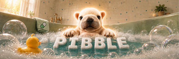 A cute puppy takes a bubble bath in a tiled tub with a rubber duck and a plant on the windowsill, spelling out "PIBBLE" in floating bubbles—serving as the new banner image for the Solana token $PIBBLE on Moby.