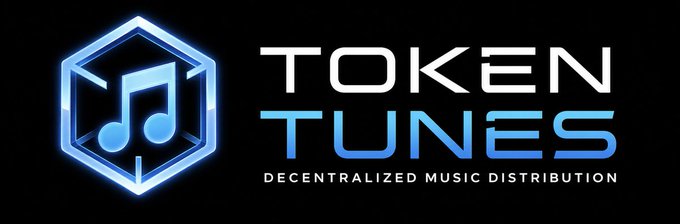 The image displays the "Token Tunes" logo, featuring a blue musical note inside a hexagonal emblem with the tagline "Decentralized Music Distribution" beneath the company name. The branding visually reinforces the post's announcement of a new platform bridging traditional music and web3, highlighting the fusion of IP and utility for exclusive artist releases.