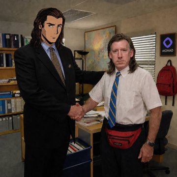 Two men shake hands in an office setting, with a cardboard cutout of a long-haired man in a suit standing on the left and a real man on the right wearing a tie and a red fanny pack. A "MONAD" logo is visible on the wall behind them, tying the scene to the post's promotion of Backpack's wallet services on the Monad blockchain validator network.