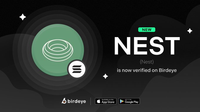 The image features a poster or banner that reads "New Nest" with an image of a green circle containing a white bird symbol inside. Below this, there are two lines of text stating that the new Nest token is now officially verified on Birdeye. The app has been launched and is available for download at the bottom right corner of the image.