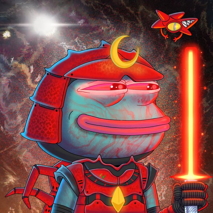 A digital illustration of a blue character wearing red samurai armor with a yellow crescent moon helmet ornament, accompanied by a small red star-like creature and a glowing orange lightsaber against a space background.