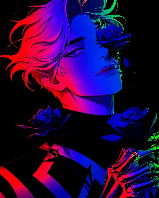 A stylized anime portrait bathed in vibrant pink, blue, and green neon lighting features a androgynous figure with wavy hair, closed eyes, and roses adorning their face and shoulders, complementing the crypto community's "GM" and "Happy Taco Tuesday" greeting with the $ANSEM ticker.