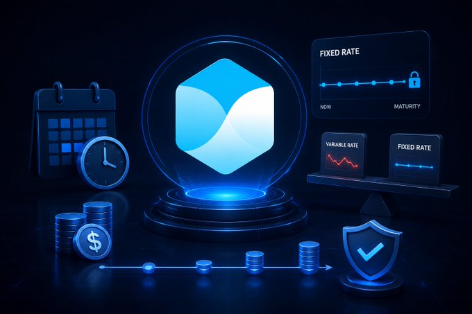 The image features a 3D rendering of a cube with a blue background, surrounded by various objects such as coins, clocks, and shields. The cube has a white face with a blue border, and there are two clocks positioned around its edges - one on each side. A shield is also present in the scene. 

The image includes text that reads "Fixed rate lending feels cleaner because the cost is known before entering that removes the usual Aave style". This suggests that the cube represents fixed rate lending or a similar concept, and the objects around it symbolize different aspects of lending or financial management.