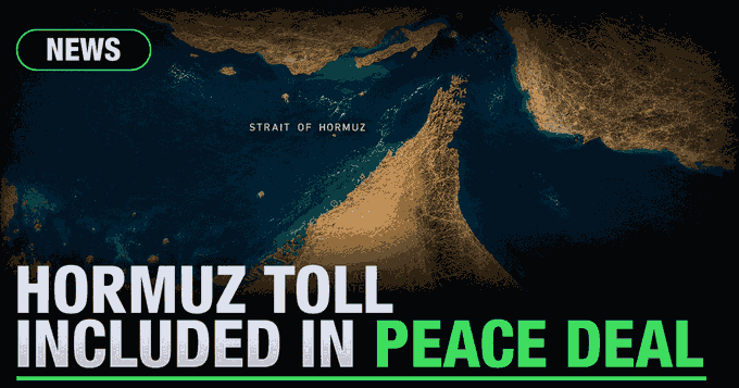 The image shows a banner that reads "Hormuz toll included in peace deal" written in green text against a black background. The banner also includes a link to an article about the proposed Strait of Hormuz toll system, which could allow Bitcoin payments using cryptocurrency.