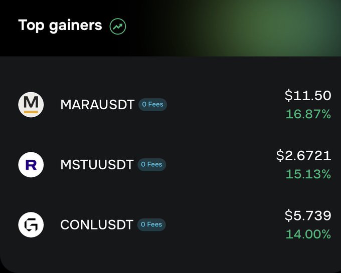 A dark-themed interface shows a "Top gainers" list featuring cryptocurrency pairs: MARAUSDT at $11.50 (+16.87%), MSTUUSDT at $2.6721 (+15.13%), and CONLUSDT at $5.739 (+14.00%), all marked with "0 Fees".