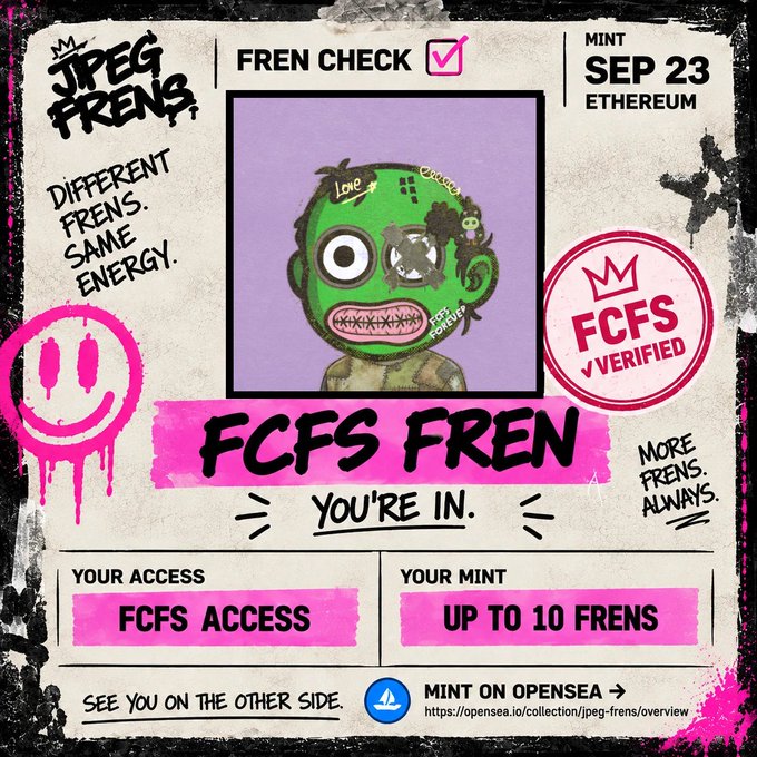 A promotional graphic for 'JPEG FRENS' NFT collection features a green zombie-like character and announces an FCFS Fren mint starting Sep 23 on Ethereum, with 'FCFS ACCESS' allowing up to 10 frens on OpenSea.