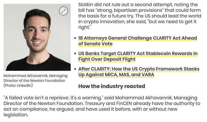 A news article featuring Mohammad Akhavannik, Managing Director of the Newton Foundation, with quotes about the failed CLARITY Act vote and related headlines about stablecoin rewards and the US crypto framework.
