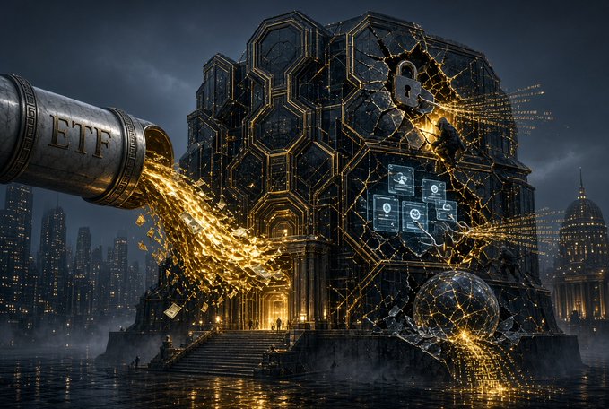 A massive "ETF" cannon pours glowing gold into a fortified crypto vault emblazoned with a lock icon, symbolizing how traditional capital inflows are colliding with persistent security vulnerabilities. Digital data streams, cracks, and shattered elements highlight the paradox: large liquidity doesn't guarantee a safe system, especially as H1/2026 exploits continue to expose crypto's fragility.