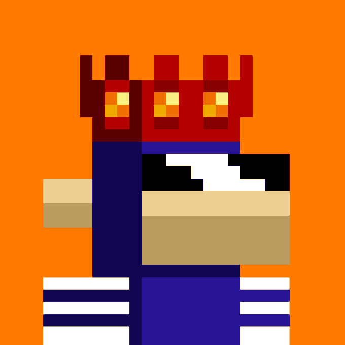 A pixel art character on an orange background wearing a red and blue jester-like crown with yellow/green dots, blue clothing, and white gloves with striped cuffs.