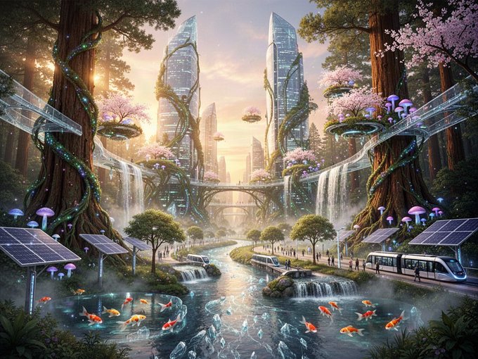 A futuristic eco-cityscape featuring sleek glass skyscrapers entwined with vines, waterfalls cascading into a river filled with koi fish, solar panels, a modern tram, and people walking through a lush, sustainable environment at sunset.
