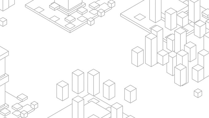 A minimalist black-and-white isometric illustration depicting abstract 3D cubes and platforms with thin outlines, resembling a schematic architectural or cityscape design.