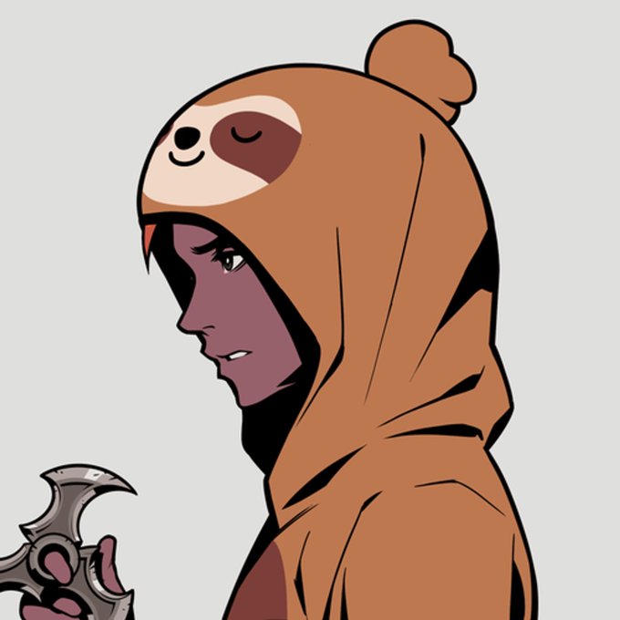 A digital illustration of a person wearing a brown sloth-themed hooded cloak, holding a dark, metallic weapon.