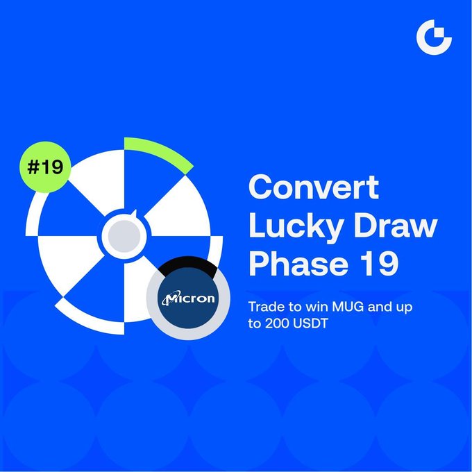 A blue promotional graphic for a 'Convert Lucky Draw Phase 19' featuring a spinning wheel, '#19' label, and text reading 'Trade to win MUG and up to 200 USDT' with the Micron logo.