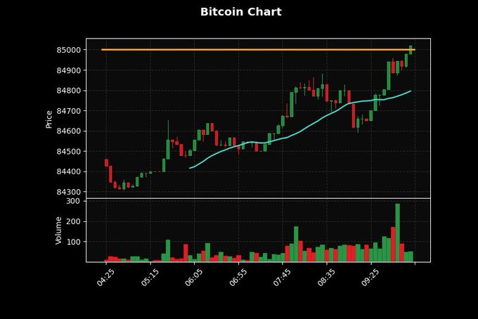A 'Bitcoin Chart' candlestick graph showing price fluctuations between approximately 84,300 and 85,000 throughout a trading day (04:25 to 09:23), with volume bars displayed below.