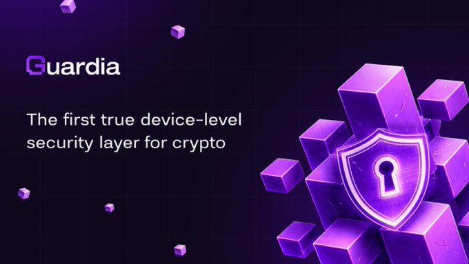 Promotional graphic for 'Guardia' with the tagline 'The first true device-level security layer for crypto,' featuring purple cubes and a neon shield icon.