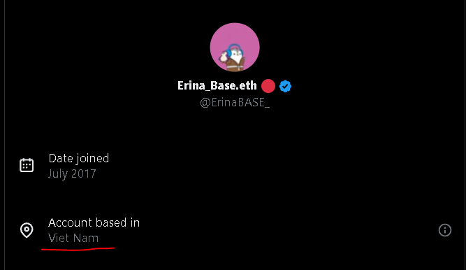 A Twitter/X profile page for 'Erina_Base.eth' (@ErinaBASE_) showing the account was created in July 2017 and is based in Viet Nam.