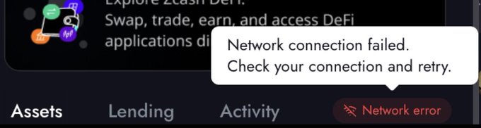 A notification displaying 'Network connection failed. Check your connection and retry' with a red 'Network error' indicator in what appears to be a DeFi application interface.