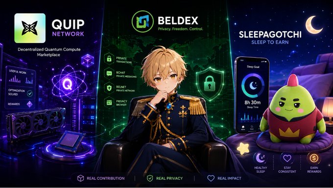 A promotional graphic featuring an anime-style character in uniform, alongside logos for 'QUIP NETWORK' (Decentralized Quantum Compute Marketplace), 'BELDEX' (Privacy. Freedom. Control.), and 'SLEEPAGOTCHI' with a green character in a sleeping cap.