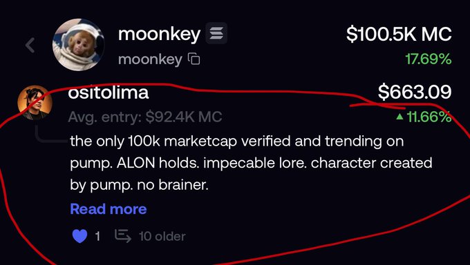 A cryptocurrency trading interface showing 'mooney' token with $100.5K MC and 17.69% gain, and a user 'ositolima' posting about the 'only 100k marketcap verified and trending on pump'.