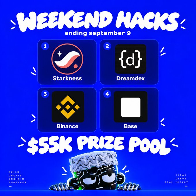 Blue promotional poster for 'WEEKEND HACKS ending september 9' featuring logos for Starkness (1), Dreamex (2), Binance (3), and Base (4), promoting a $55K PRIZE POOL with a cartoon brain character.