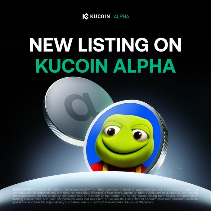 The image announces a "NEW LISTING ON KUCOIN ALPHA" featuring a cartoon frog and a coin with an "a" on it, aligning with the post about $TOAD being listed on KuCoin Alpha.