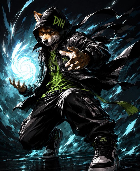 A digital illustration of an anthropomorphic fox wearing a black hooded jacket and green shirt marked 'DIH', casting a glowing blue spiral energy blast from its hand.