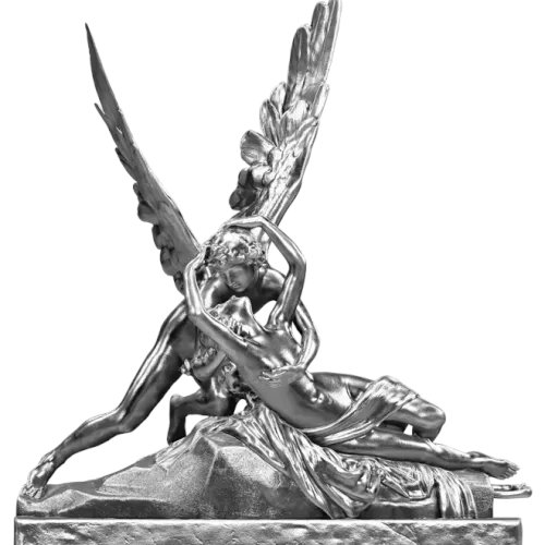 A detailed silver-colored metallic sculpture of a winged figure embracing a seated woman, reminiscent of classical neoclassical art such as Cupid and Psyche, set against a white background.
