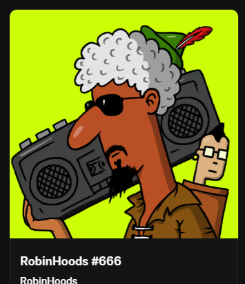 A cartoon illustration depicts a bearded man in sunglasses and a Robin Hood-style hat carrying a large boombox on his shoulder, with a smaller character peeking out from behind; labeled 'RobinHoods #666' and 'RobinHoods'.