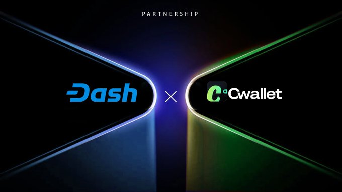 Partnership announcement graphic featuring the Dash and Cwallet logos facing each other with a glowing 'X' between them, under the word 'PARTNERSHIP'.