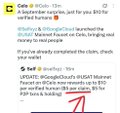 The image shows a Google review for "Cafe di Roma" with a 4.0 rating and feedback about a "Delicious food and the nice staff. I'll be back for sure," which appears unrelated to the post's topic about claiming $5 in USA₮ cryptocurrency through a verification process via the Self app.