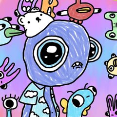 A pastel-toned cartoon illustration of a blue cycloptic creature with a sad face, surrounded by various smaller doodle-like monster characters on a pink background.
