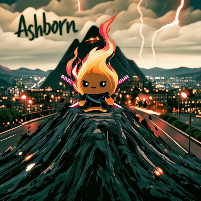A digital illustration of a cute character with flaming hair sitting on a dark peak labeled 'Ashborn', holding a sword, with a stormy city skyline and lightning in the background.