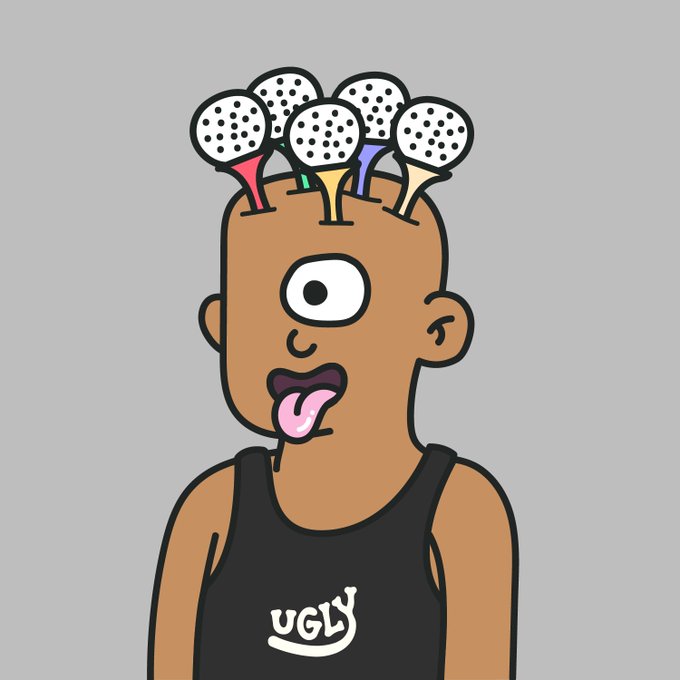 A cartoon illustration of a one-eyed figure with a head shaped like a golf bag holding colorful golf clubs, wearing a black tank top with 'UGLY' printed on it against a gray background.
