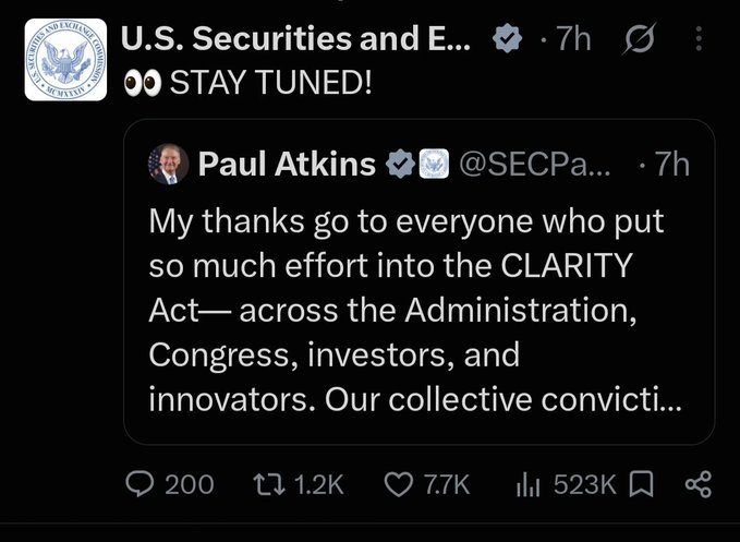 A screenshot of the U.S. Securities and Exchange Commission's official X account (verified) sharing a quote-tweet from SEC Chairman Paul Atkins (@SECPa...) thanking those involved in the CLARITY Act, with 'STAY TUNED!' and 200 replies, 1.2K reposts, 7.7K likes, and 523K views.