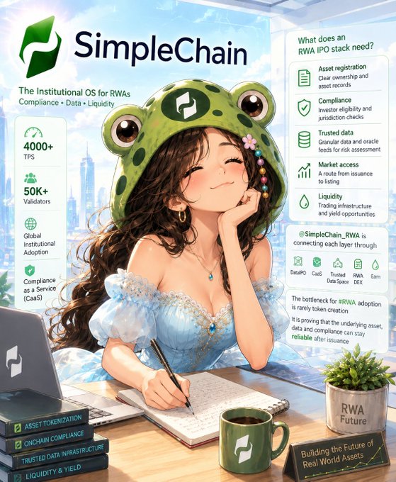 A promotional poster for 'SimpleChain' featuring an anime-style girl in a frog hat, highlighting it as 'The Institutional OS for RWAs' with statistics like '4000+ TPS' and '50K+ Validators'.