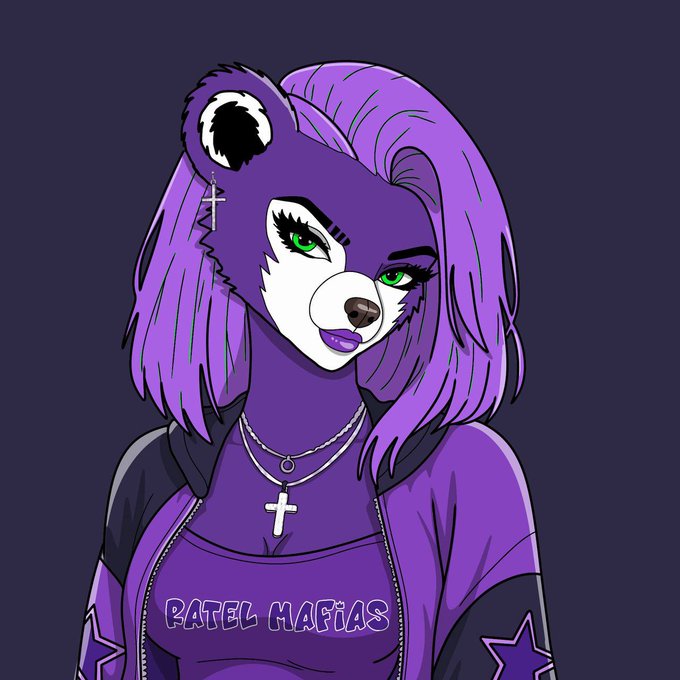 An illustrated purple anthropomorphic bear character with green eyes, a cross earring and necklace, labeled 'RATEL MAFIAS'.