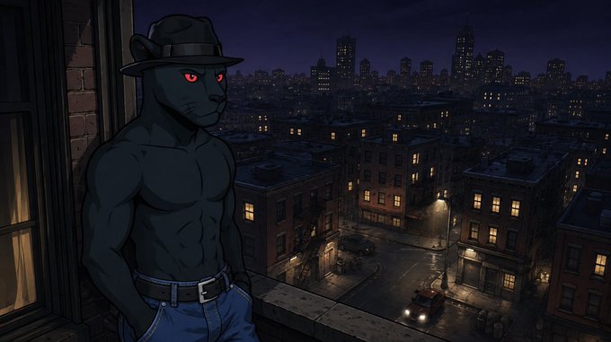 An animated illustration shows a muscular anthropomorphic panther wearing a fedora and jeans, standing on a fire escape overlooking a nighttime cityscape.