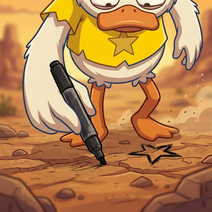 A cartoon-style illustration of a sleepy duck wearing a yellow shirt with a star, using a black marker to draw a star shape on a cracked desert ground.