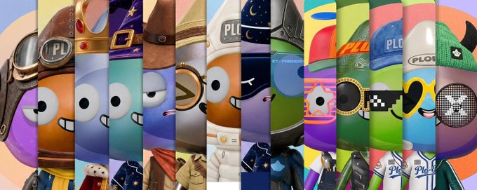 A colorful collage of stylized cartoon characters wearing various hats including aviator caps, cowboy hats, military helmets, and beanies, all featuring the letters 'PL' or 'PLO', resembling PFP-style NFT artwork.