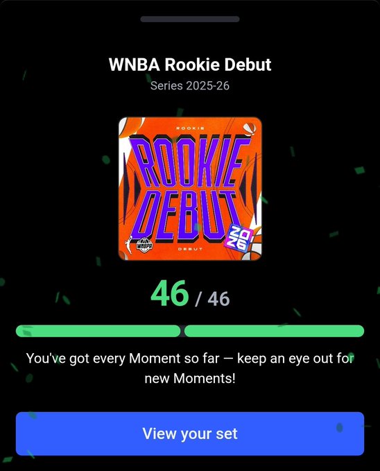 A mobile app screen displays 'WNBA Rookie Debut Series 2025-26' with a 'ROOKIE DEBUT' badge, a green progress bar showing '46 / 46' complete, and a 'View your set' button.