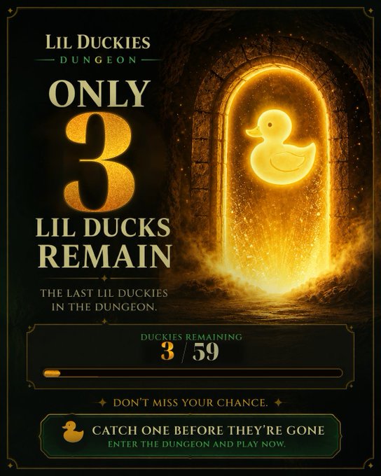 The image features a poster advertising Lil Ducks 3rd edition game, which has an opening scene of a duck with a golden glow coming out from an archway. The poster also includes a message about entering the game for free if you have an original @DucksEverywher2 Duck and select the Loot Survivor Beast holders.