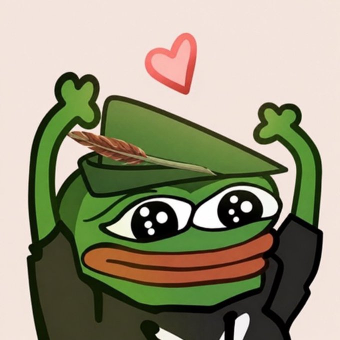A green Pepe the Frog wearing a Robinhood-style hat with a feather and raising its arms in excitement, with a pink heart floating above its head — symbolizing the joyful "vibes immaculate" sentiment and ongoing bullish devotion to the meme's 100M main runner while "soy boys cope."