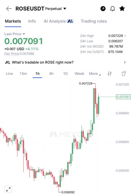 A cryptocurrency trading chart for ROSEUSDT Perpetual showing a last price of 0.007091 USD with a +4.11% gain, displayed on what appears to be the MEXC exchange with candlestick patterns on a 1-hour timeframe.